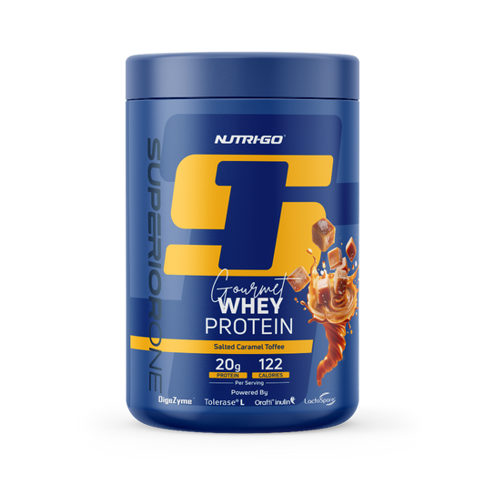 NutriGO Super S Gourmet Whey Protein container on a white background