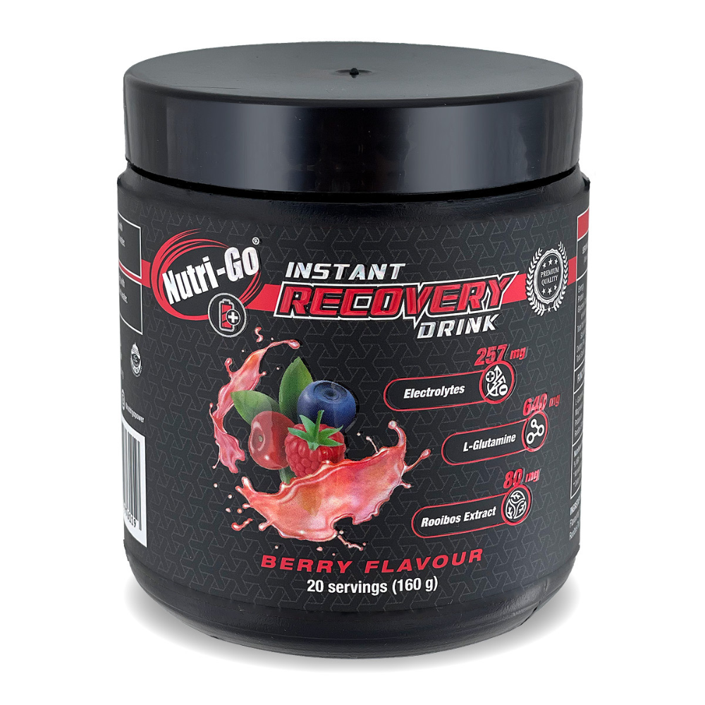Recovery Drink Hydration Powder Infused with Electrolytes in black jar on white background
