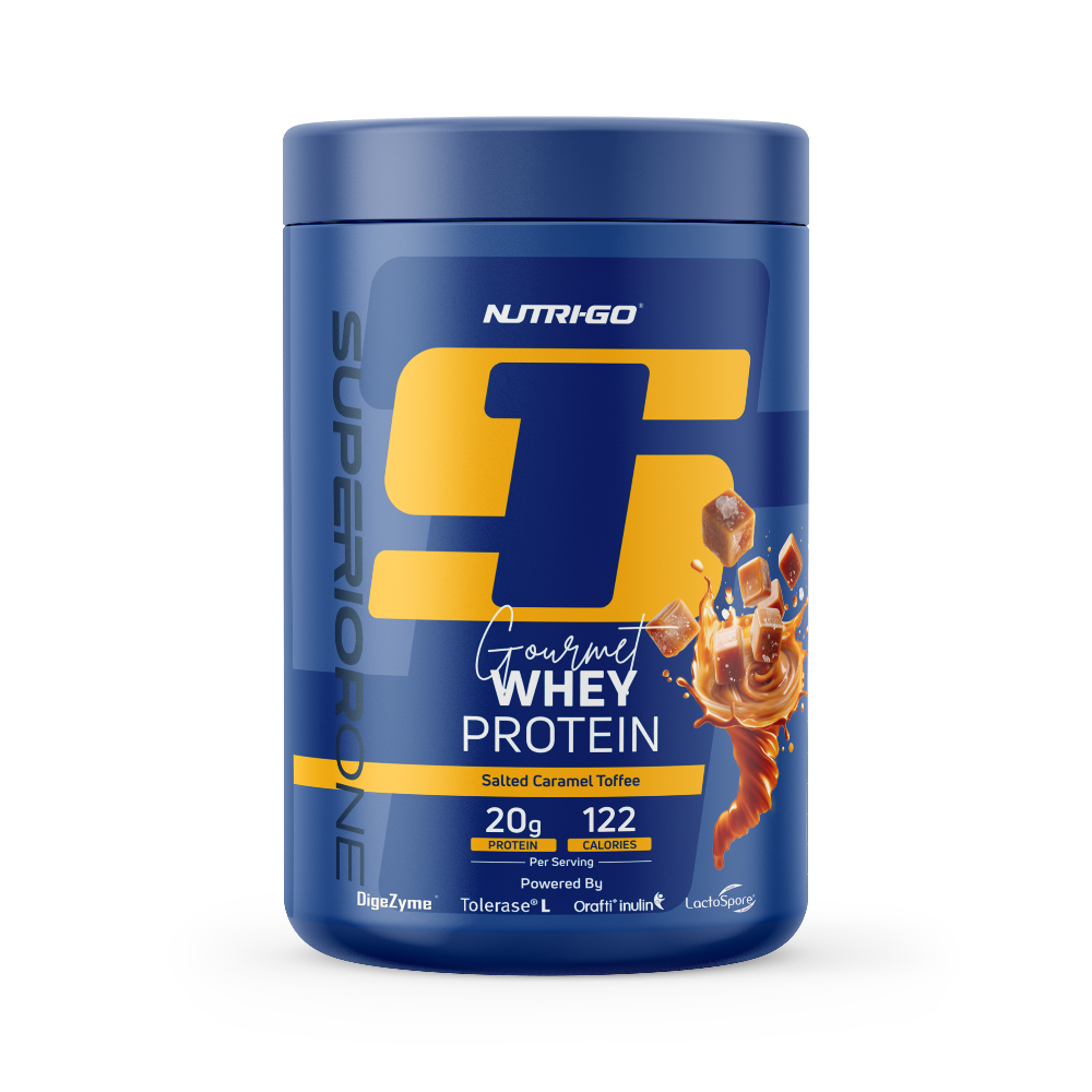 NutriGO Super S Gourmet Whey Protein container on a white background