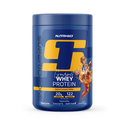 NutriGO Super S Gourmet Whey Protein container on a white background