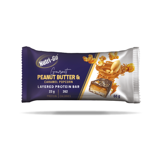 Peanut Butter & Caramel Popcorn Layered Protein Bar Pack on white background