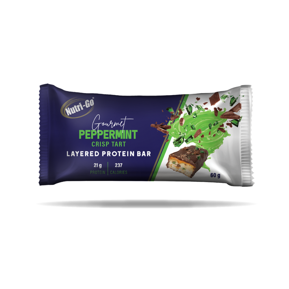 Peppermint Crisp Tart Layered Protein Bar on white background