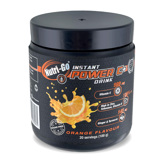 Power C+ Drink Powder with Vitamin C for Immune Support  in black jar on white background